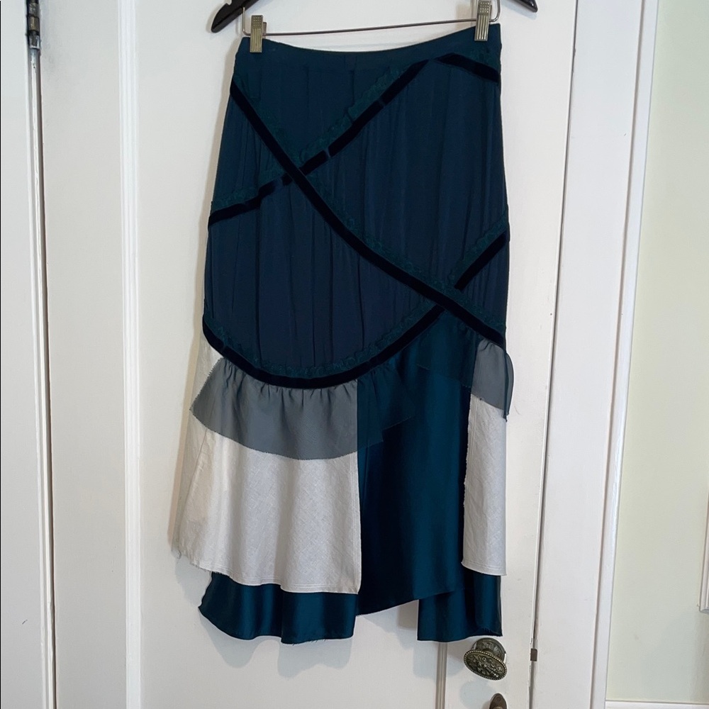 VINTAGE ISSEY MIYAKE TEAL and Cream Asymmetrical Ruffle Skirt